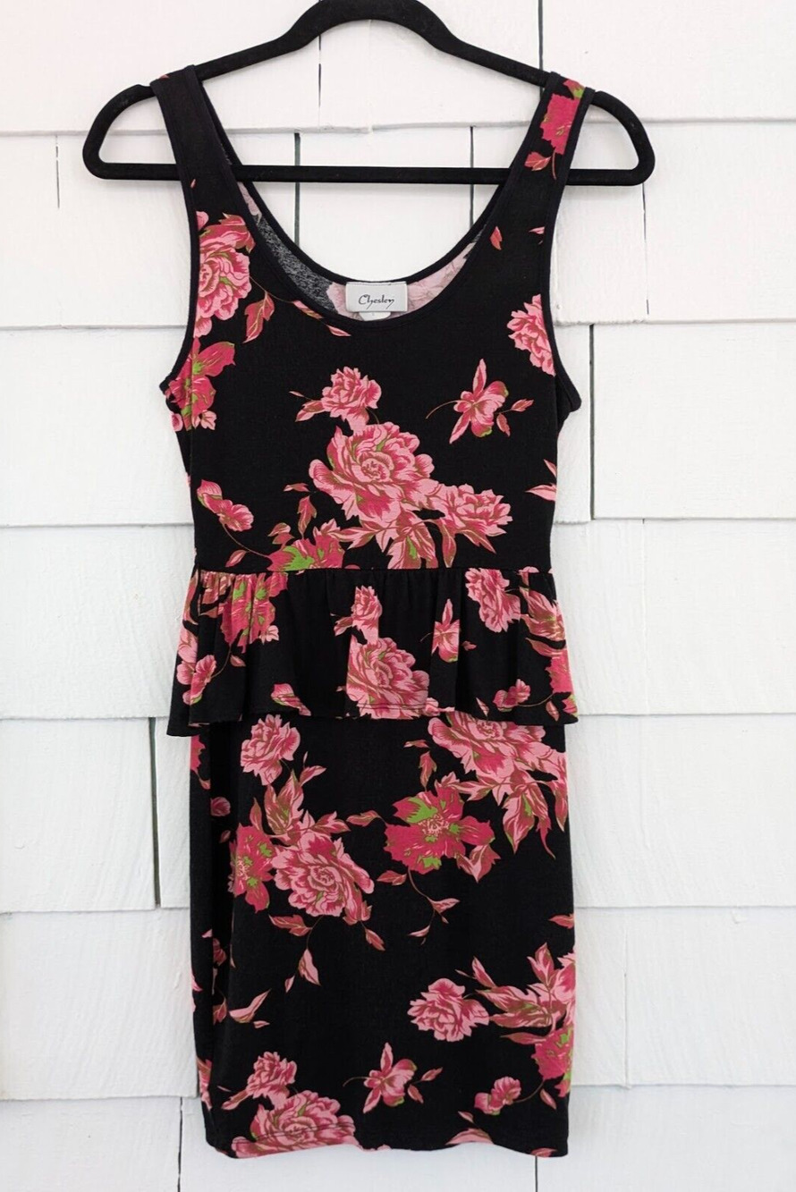 Chesley Women's Small Vivid Floral Bodycon Sleeveless Peplum Dress Vintage Y2K